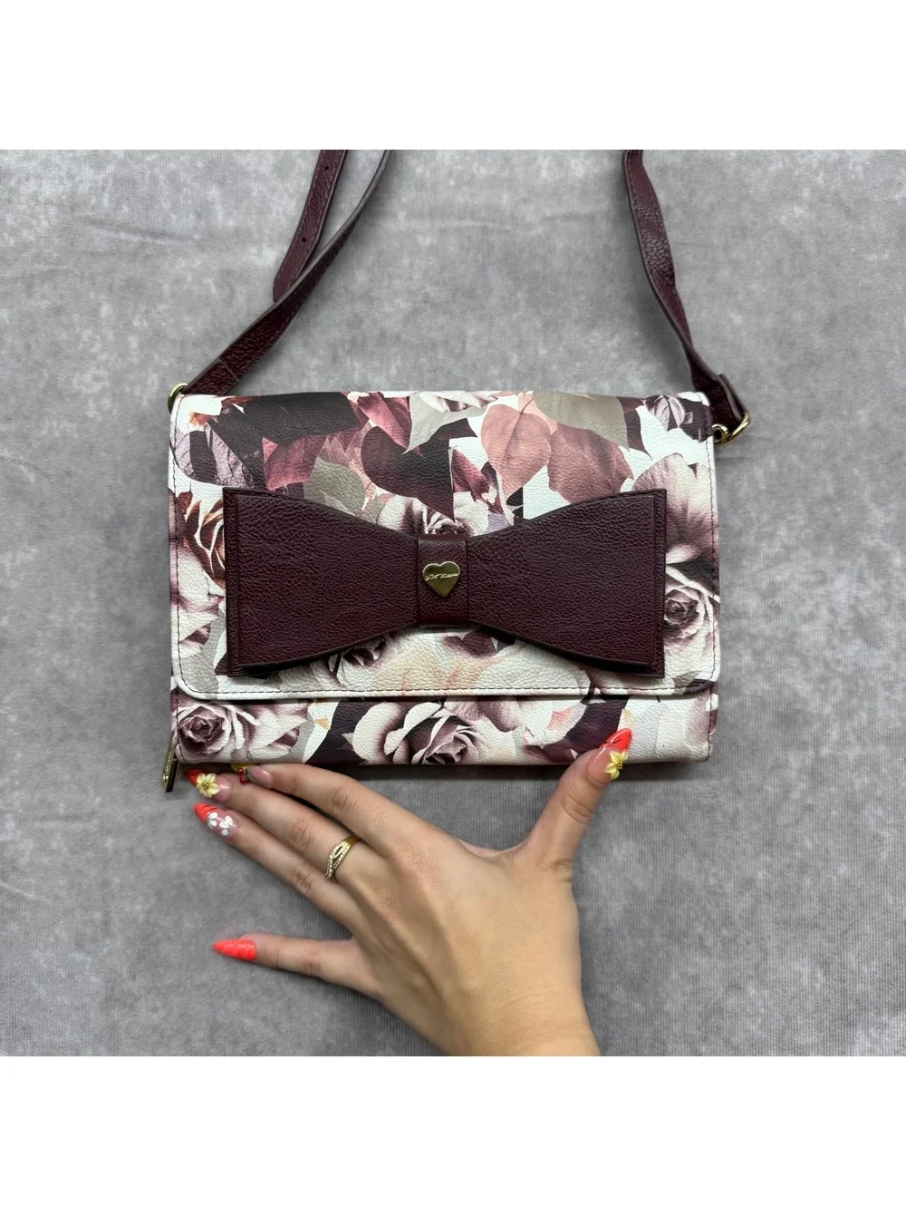 Betsey Johnson Burgundy Rose Floral Leather Bow Crossbody Bag